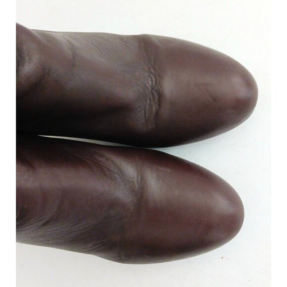 Coach Sondra Choc Brown Leather Heeled Bootie Gold Logo Buckle Strap Side Zip 9M - Picture 7 of 12